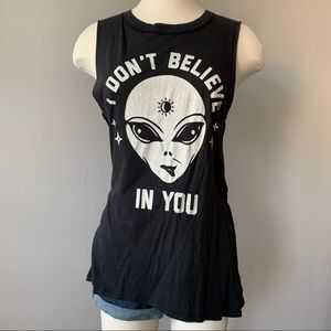 Social Decay Black Alien Print Tank Top “I Don’t Believe in You” • Size S/M